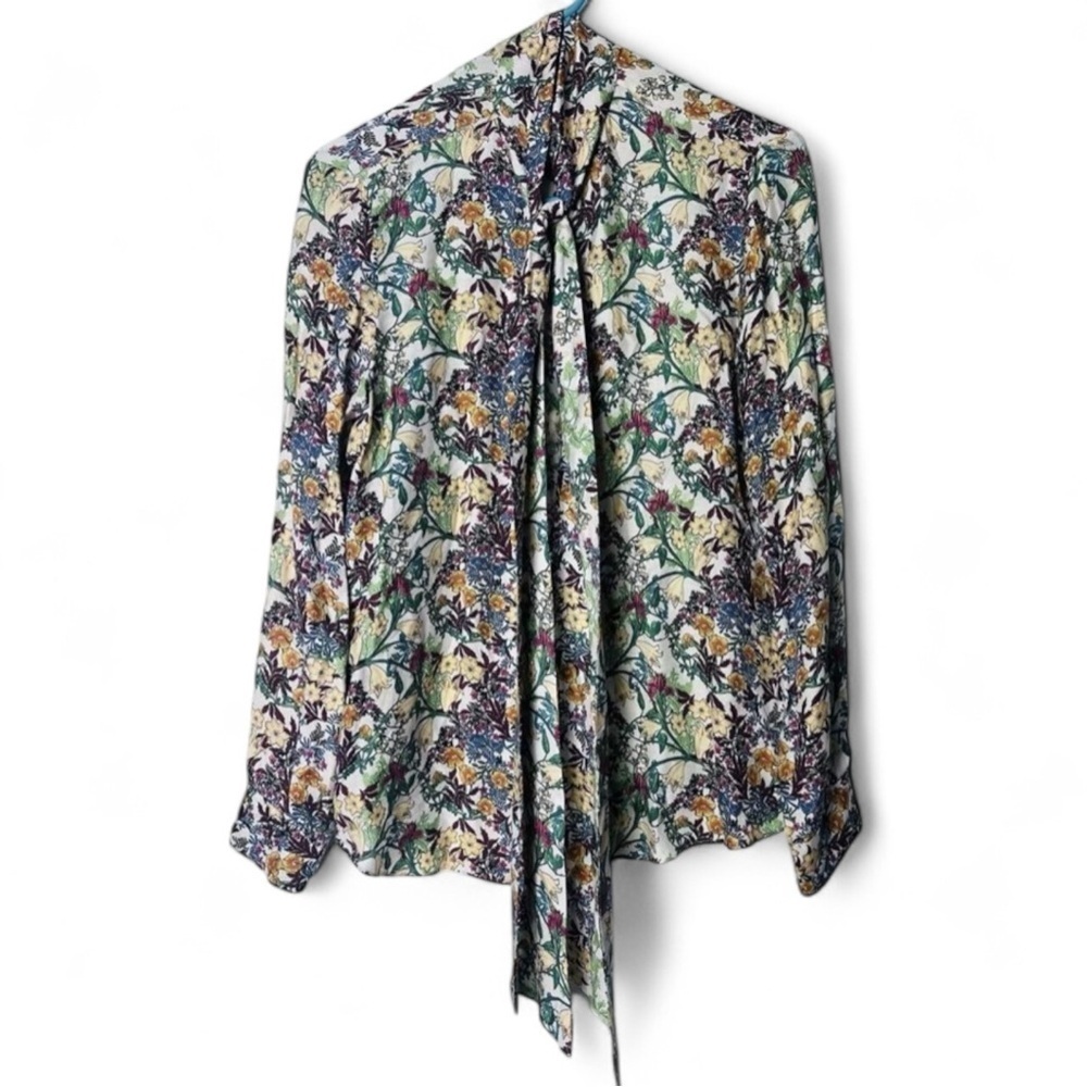 Zara Bow Top Blouse Silk Blend Floral Pattern Sz S
